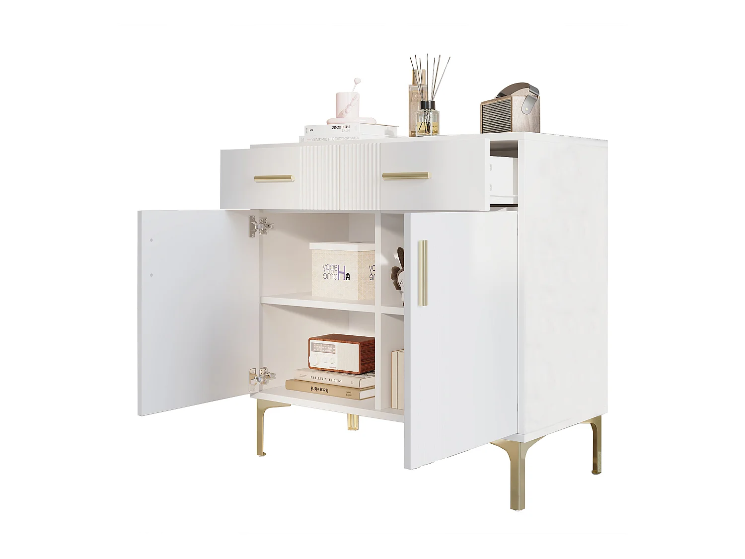 Buffet moderne 80x35x79.5cm - avec 2 tiroirs et 2 portes - pieds en métal - MDF - blanc