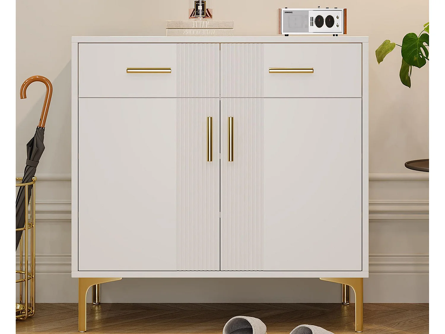 Buffet moderno 80x35x79,5cm - con 2 cassetti e 2 ante - gambe in metallo - MDF - bianco