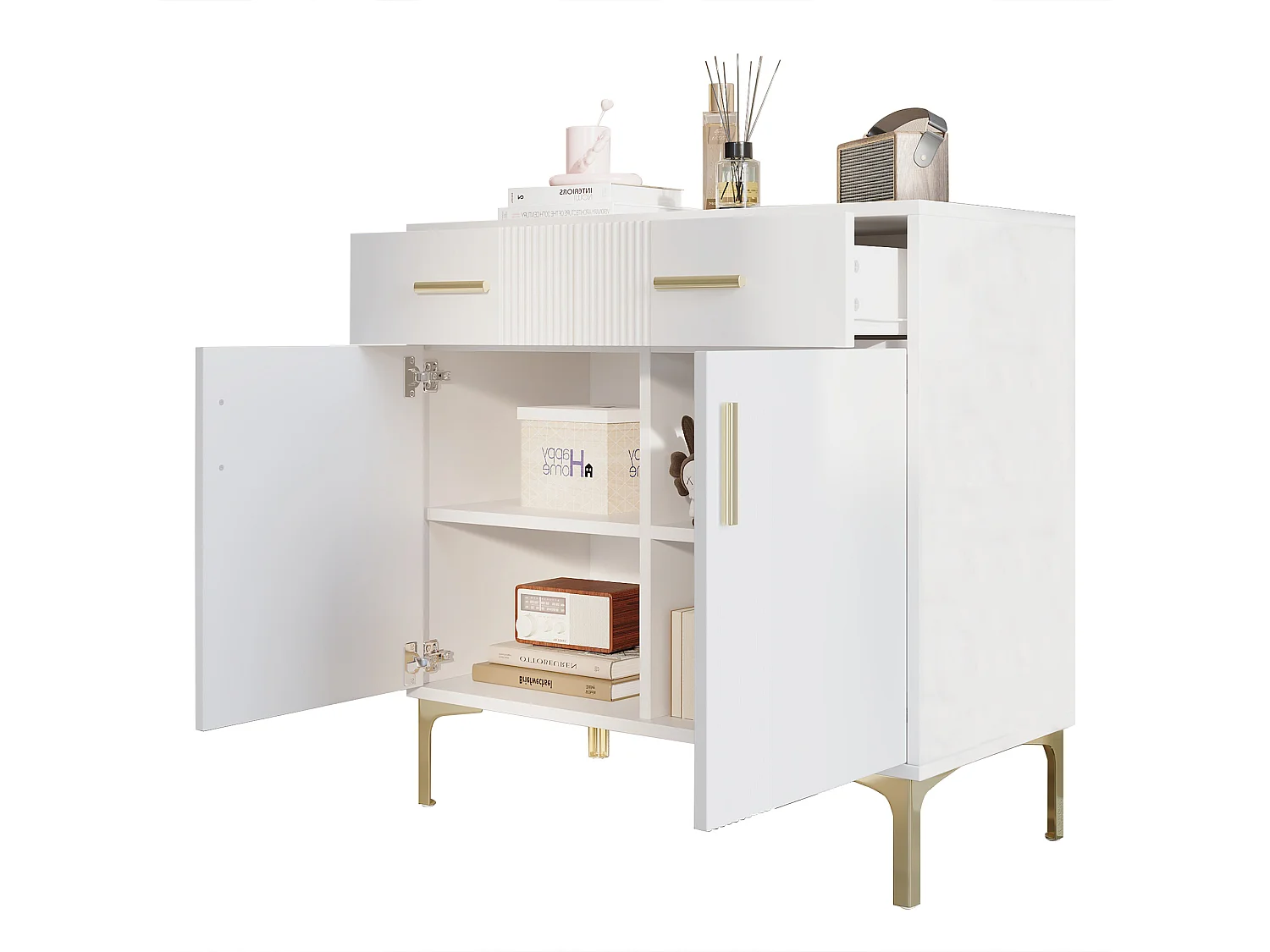 Buffet moderno 80x35x79,5cm - con 2 cassetti e 2 ante - gambe in metallo - MDF - bianco
