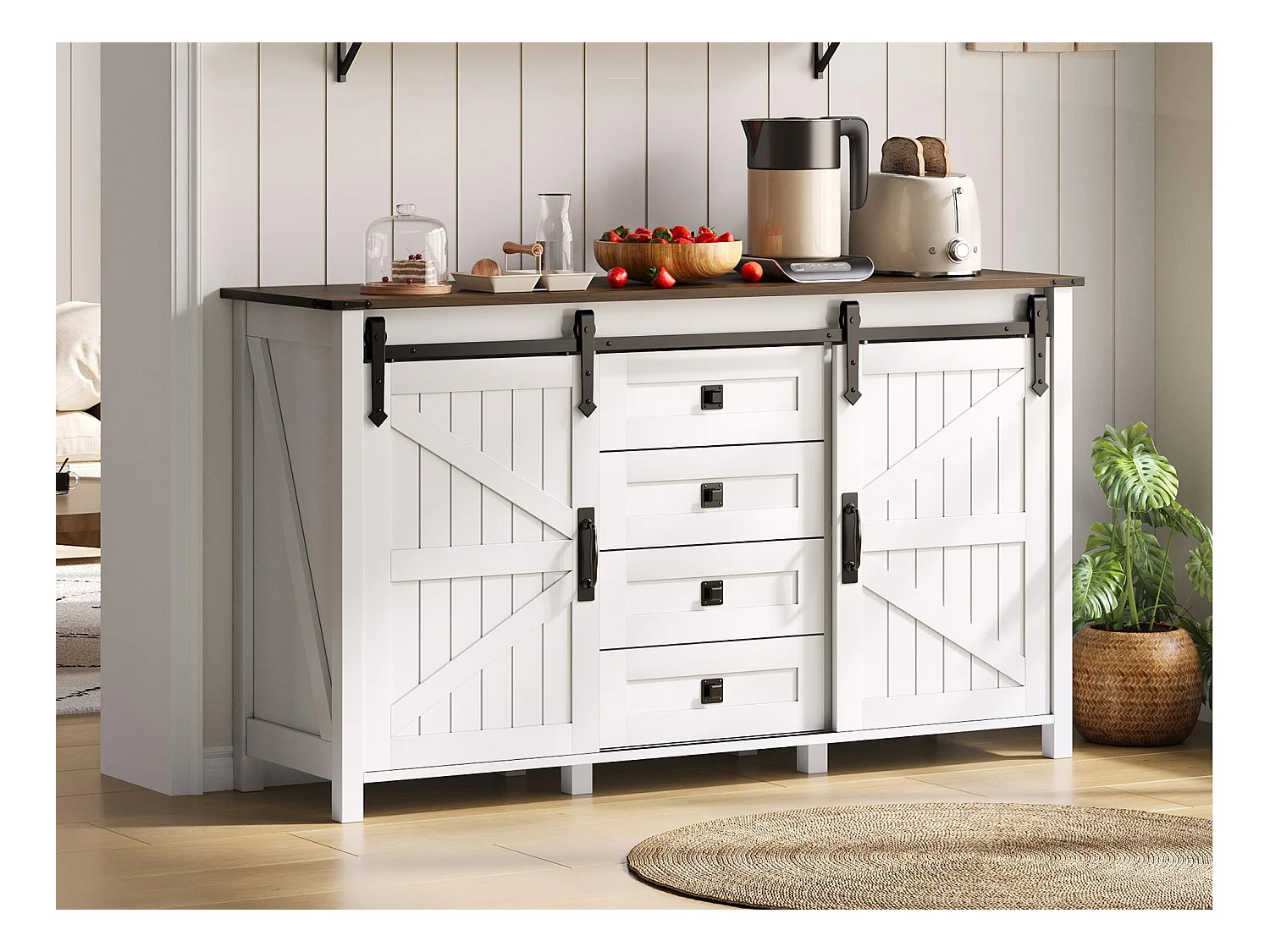 Buffet moderne 120x40x80cm - avec 2 portes coulissantes et 4 tiroirs - Blanc