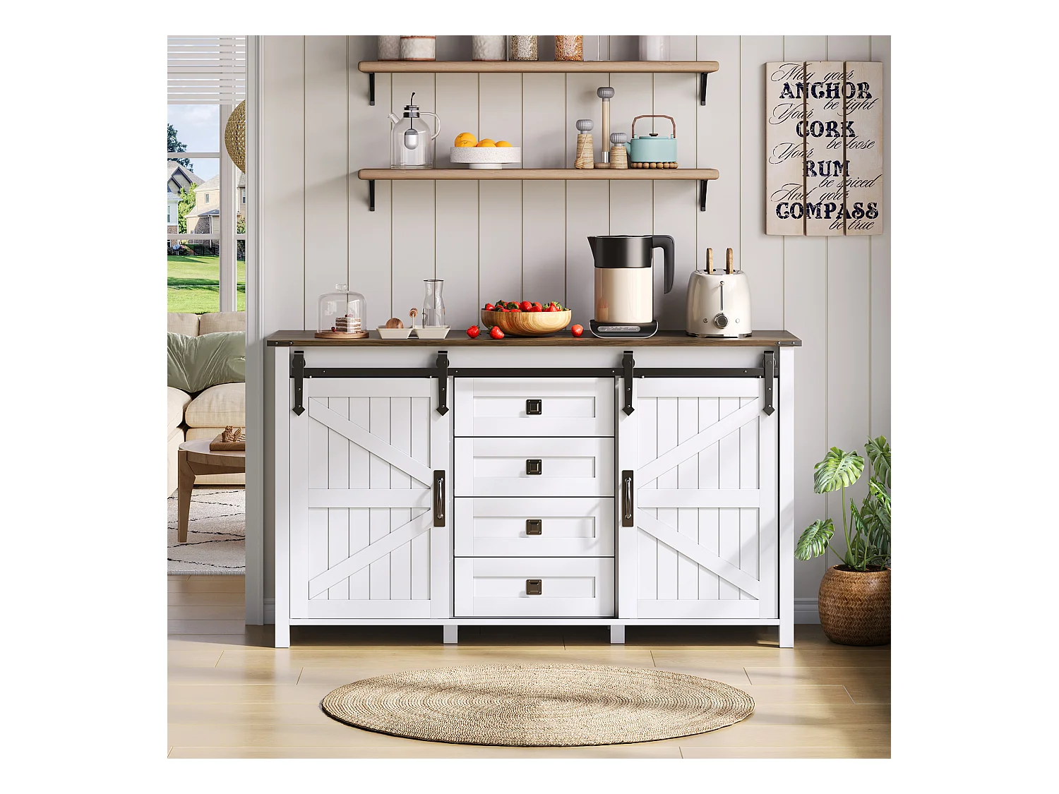 Buffet moderne 120x40x80cm - avec 2 portes coulissantes et 4 tiroirs - Blanc