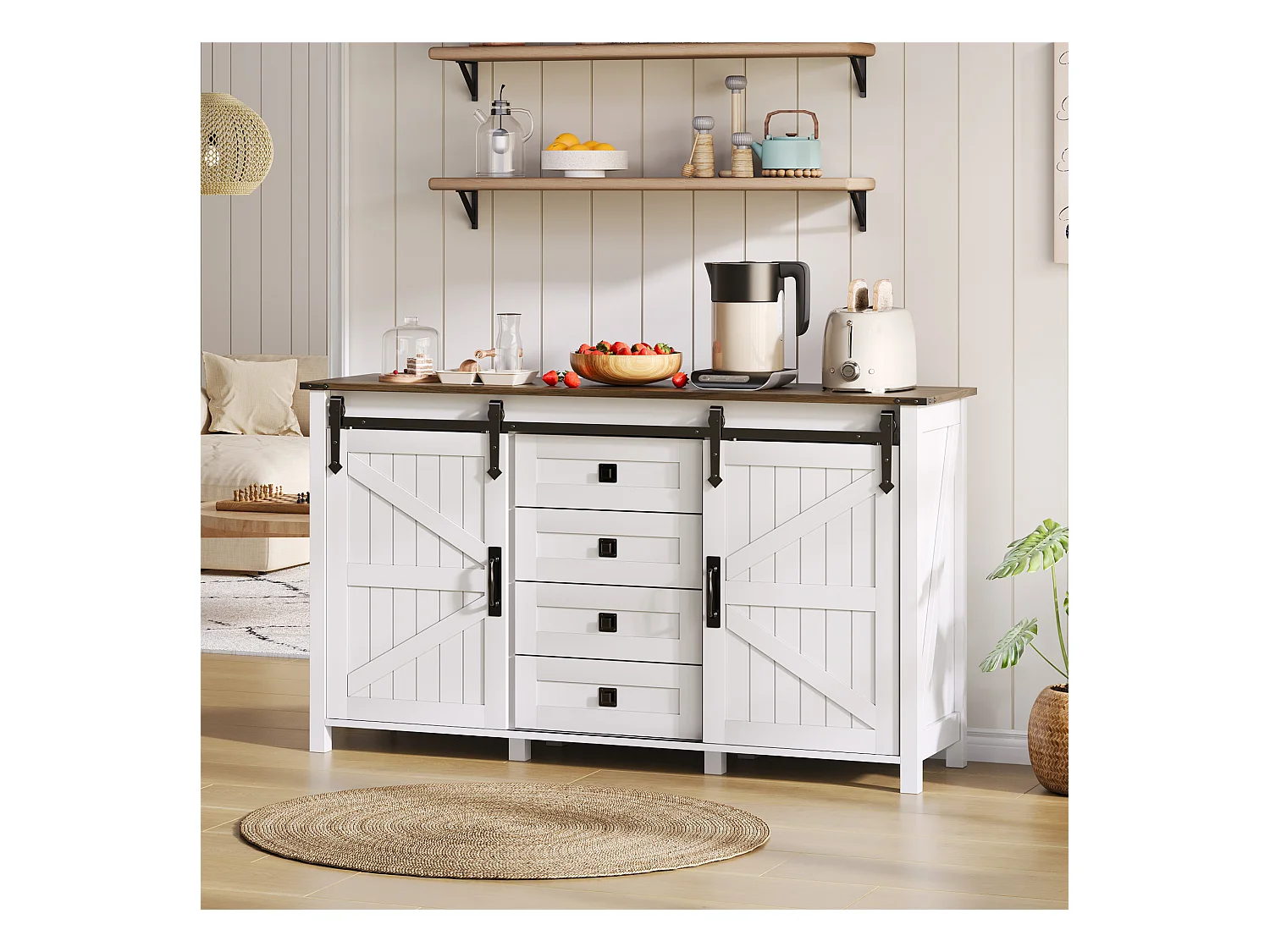 Buffet moderne 120x40x80cm - avec 2 portes coulissantes et 4 tiroirs - Blanc