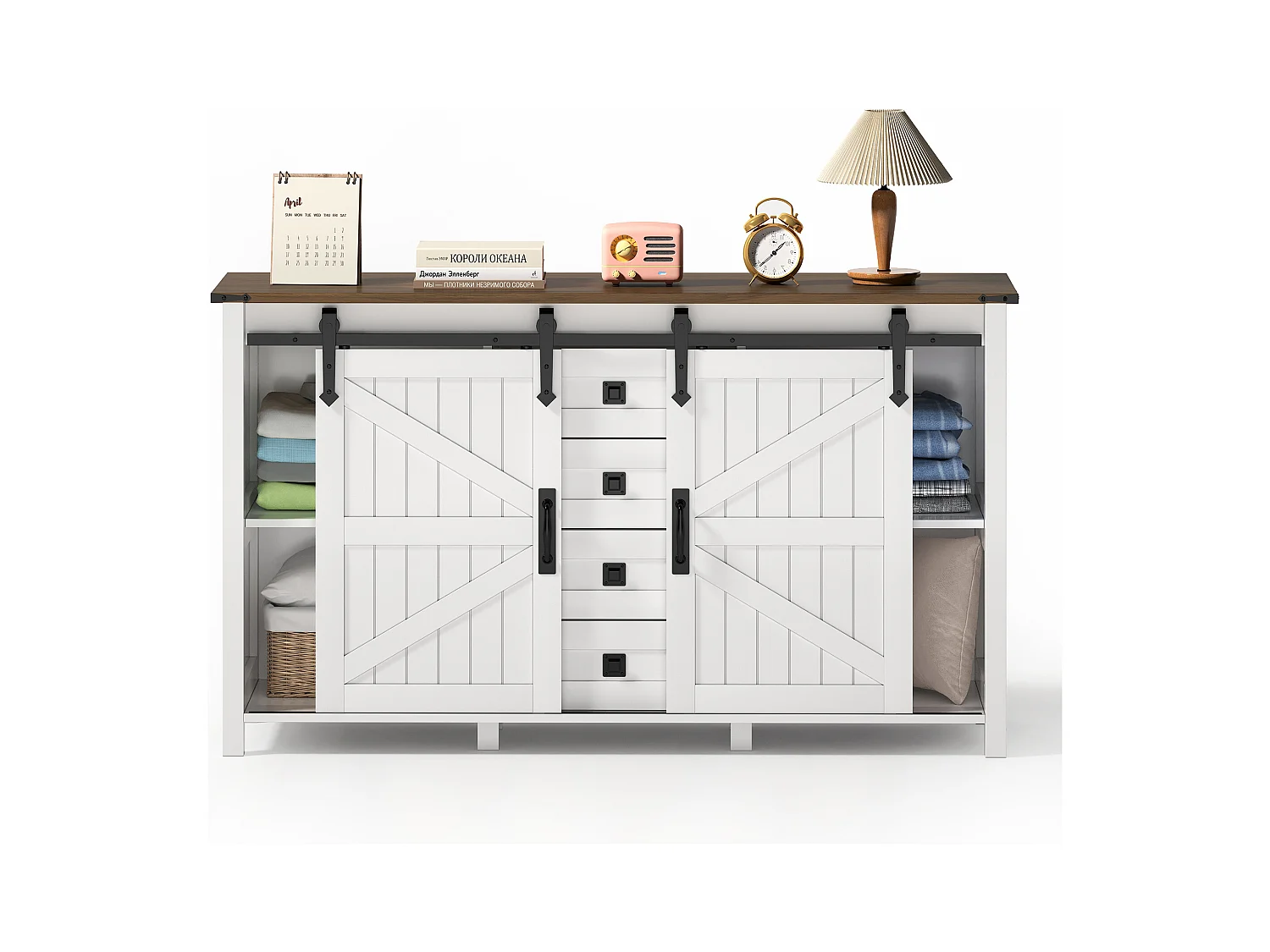 Buffet moderne 120x40x80cm - avec 2 portes coulissantes et 4 tiroirs - Blanc