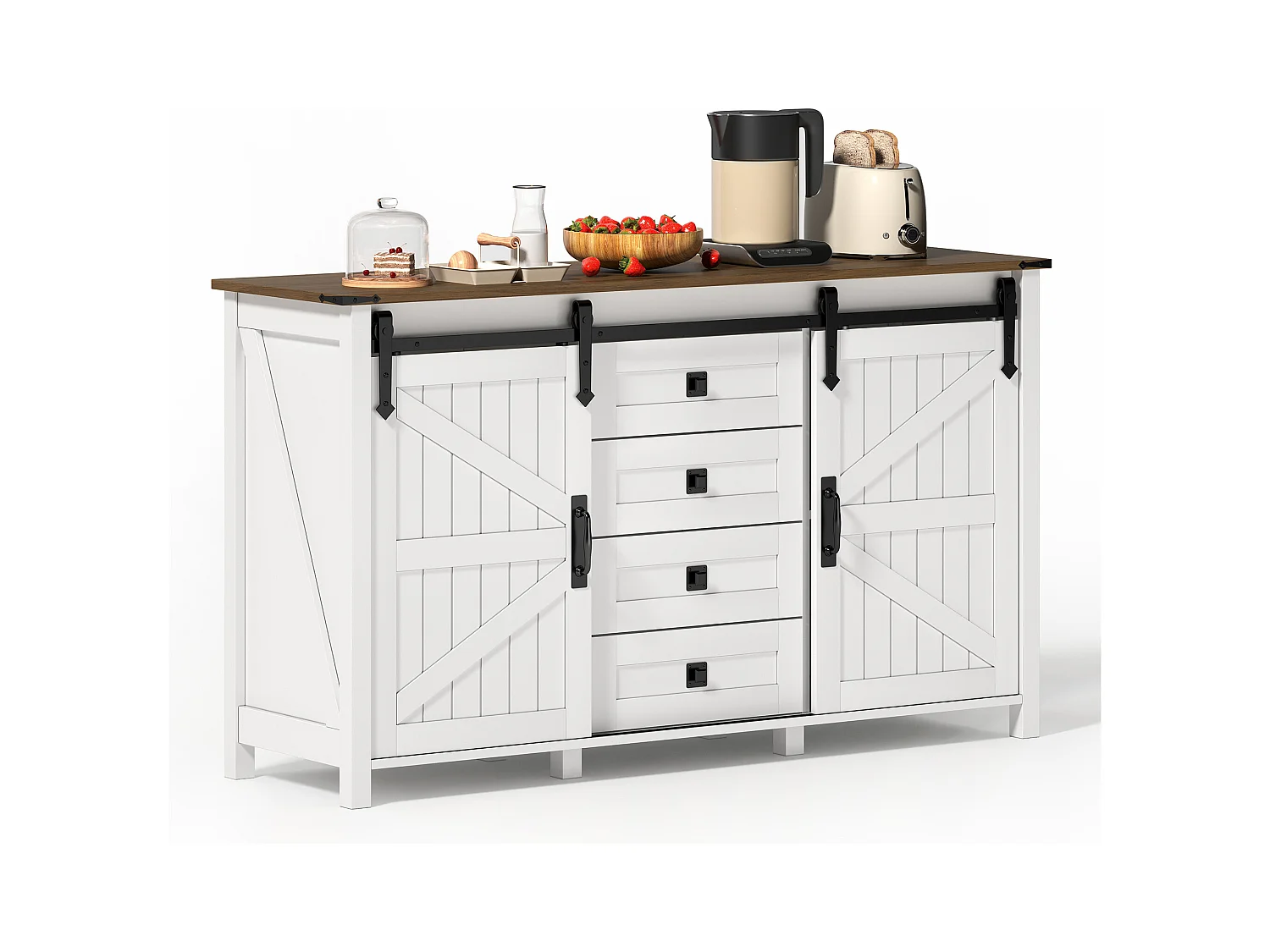 Buffet moderne 120x40x80cm - avec 2 portes coulissantes et 4 tiroirs - Blanc