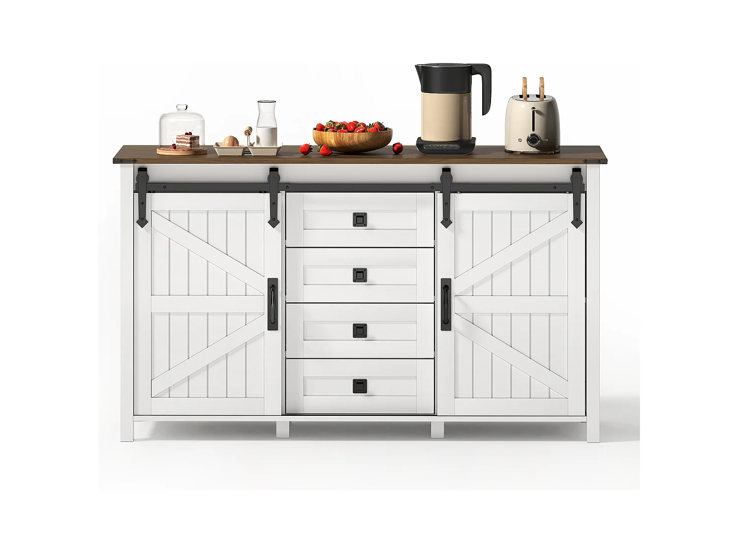 Buffet moderne 120x40x80cm - avec 2 portes coulissantes et 4 tiroirs - Blanc