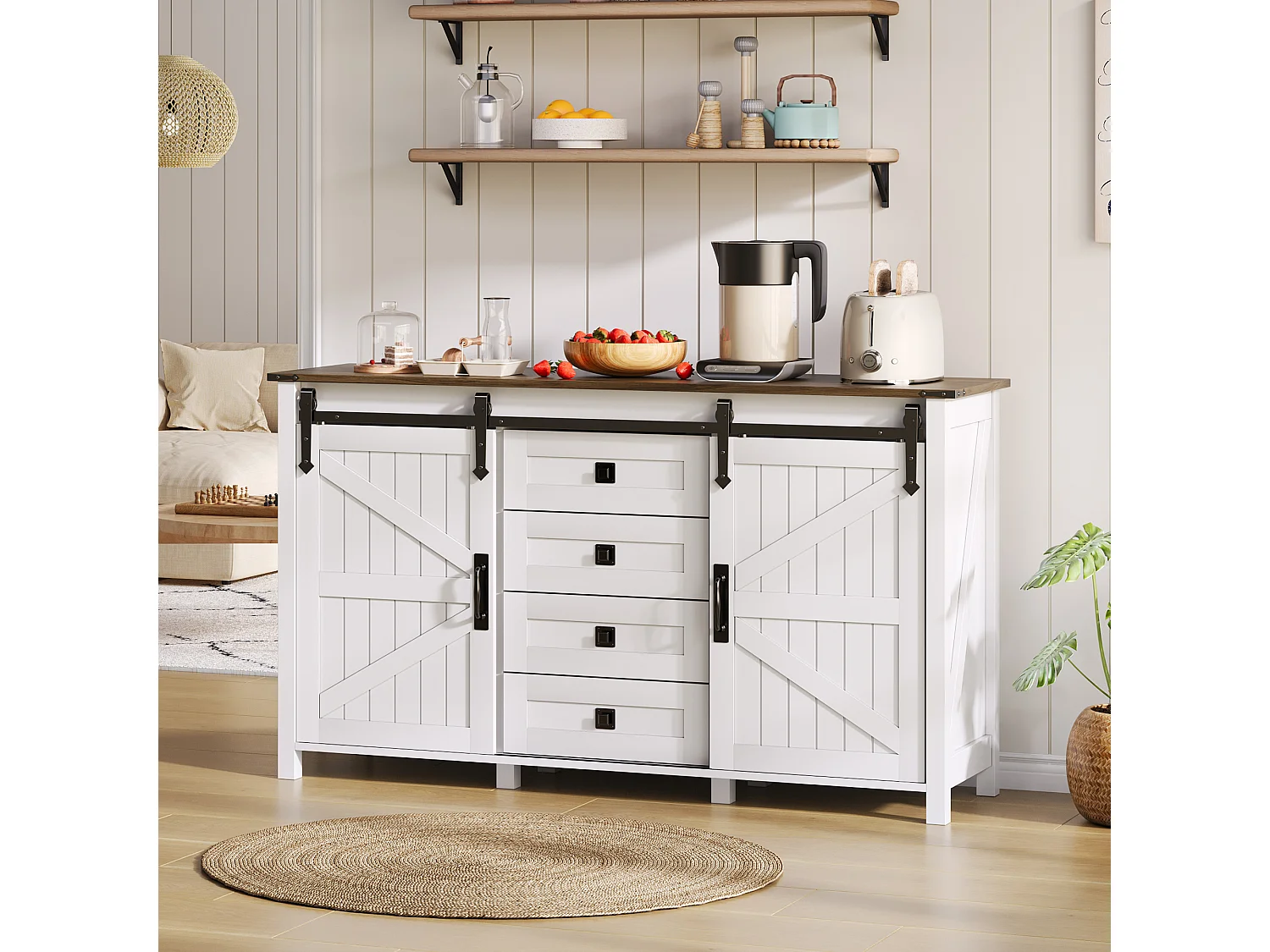 Moderner Sideboard 120x40x80cm - mit 2 Schiebetüren und 4 Schubladen - Weiß