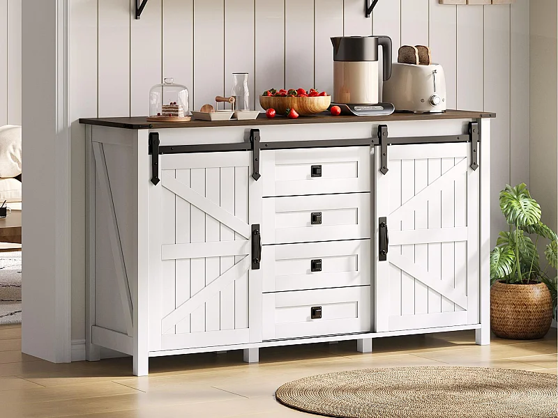 Moderne buffetkast 120x40x80cm - met 2 schuifdeuren en 4 lades - Wit