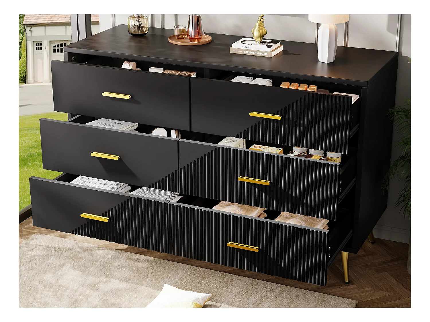 Buffet moderne 120x40x75 cm - avec 6 tiroirs - MDF - noir
