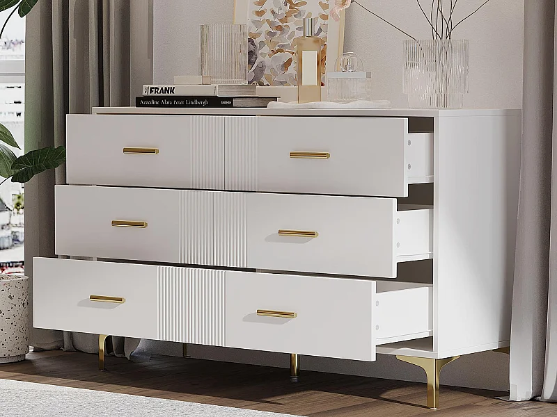 Buffet moderne 120x40x76cm - avec 6 tiroirs - pieds en métal - MDF - blanc