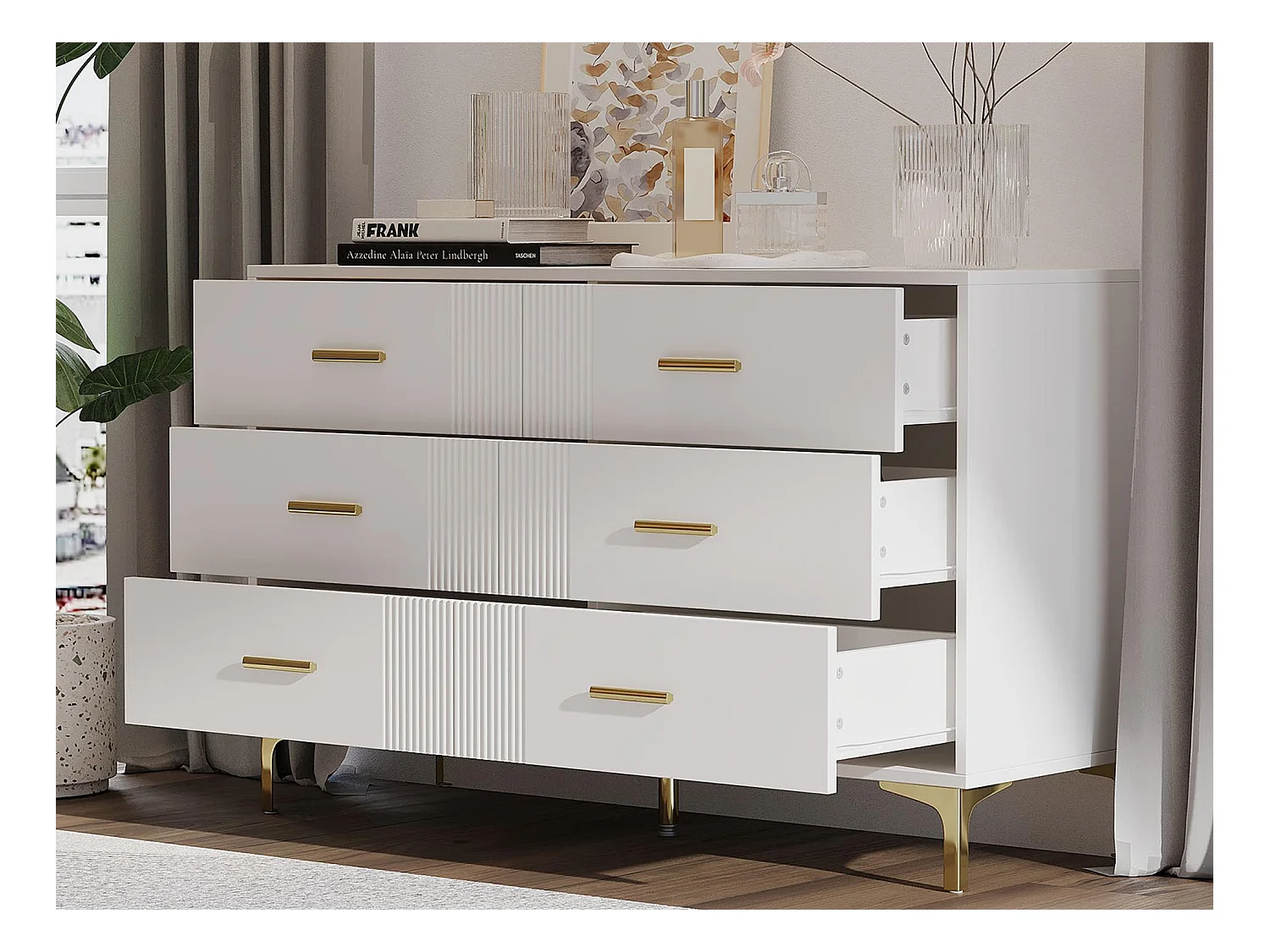 Buffet moderne 120x40x76cm - avec 6 tiroirs - pieds en métal - MDF - blanc