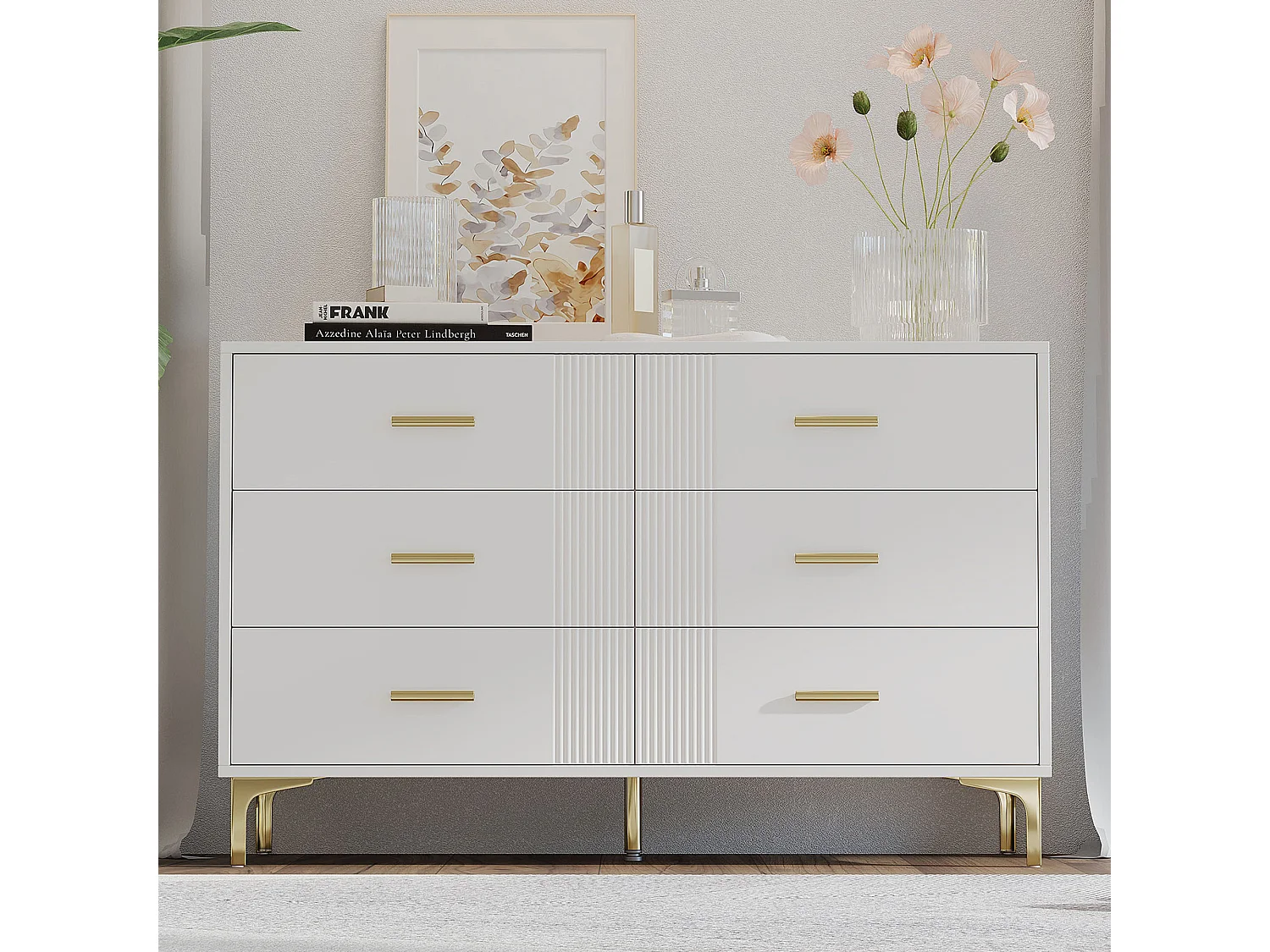 Buffet moderne 120x40x76cm - avec 6 tiroirs - pieds en métal - MDF - blanc