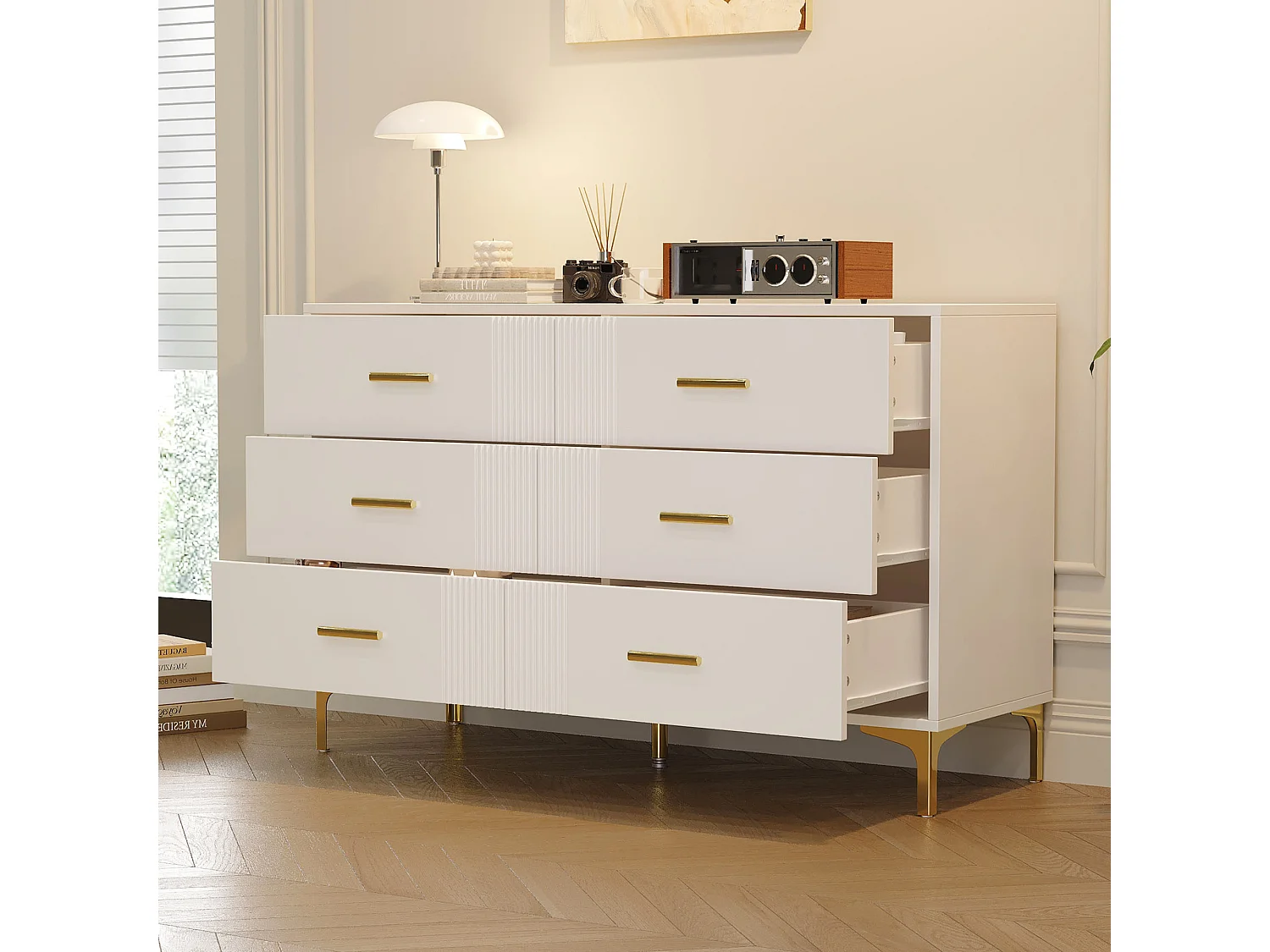 Moderner Sideboard 120x40x76 cm – mit 6 Schubladen – Metallbeine – MDF – weiß