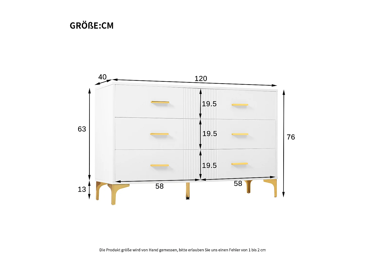 Moderner Sideboard 120x40x76 cm – mit 6 Schubladen – Metallbeine – MDF – weiß