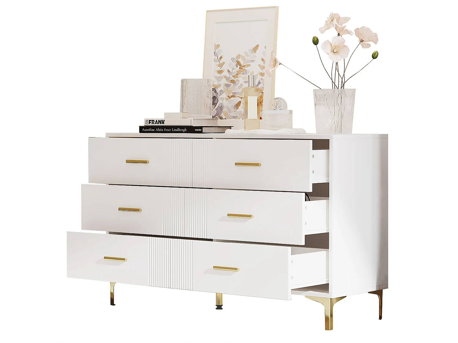 Moderner Sideboard 120x40x76 cm – mit 6 Schubladen – Metallbeine – MDF – weiß