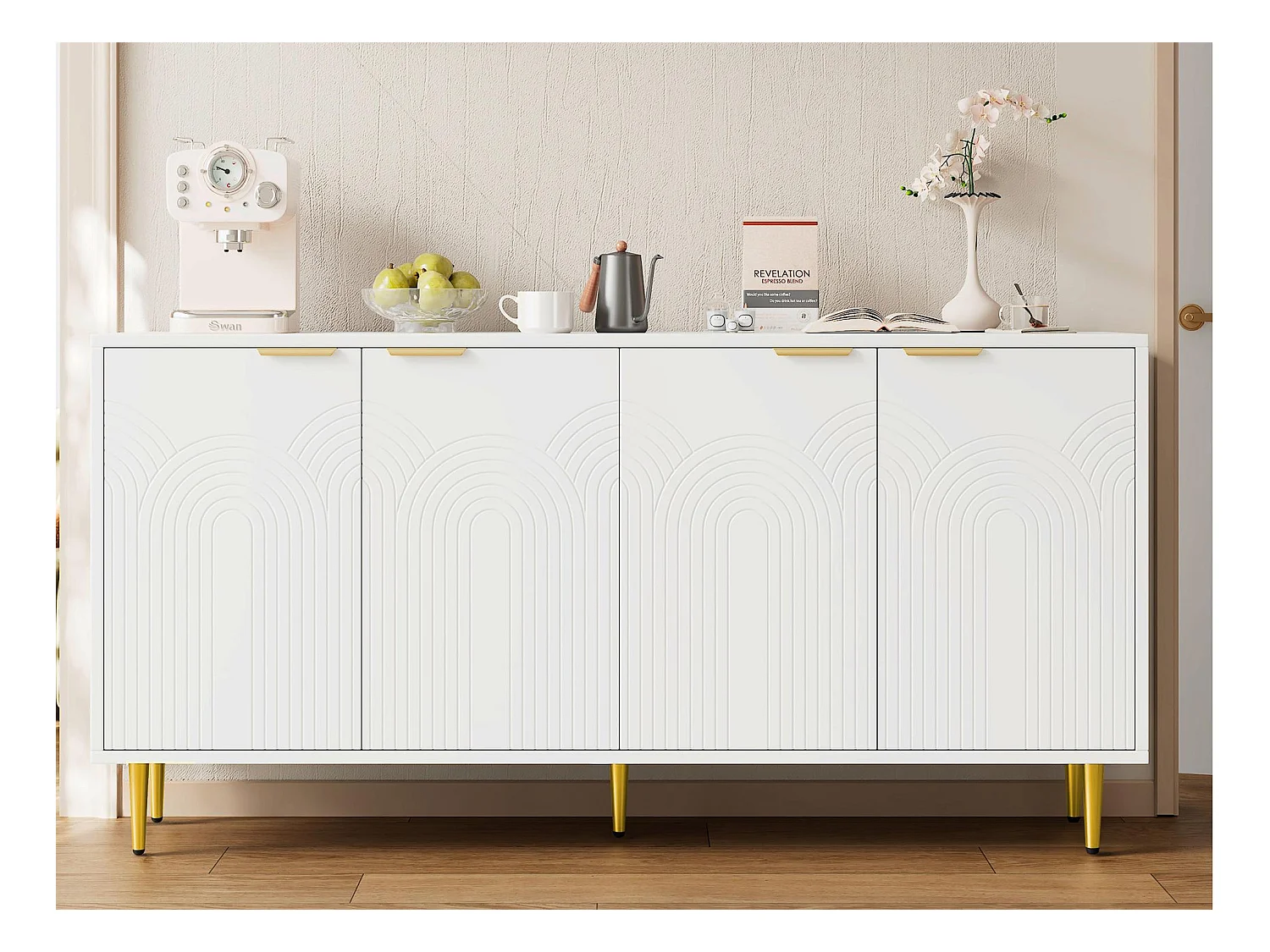 Buffet moderne 160x40x80cm - avec 4 portes - pieds en métal - panneau de particules - Blanc
