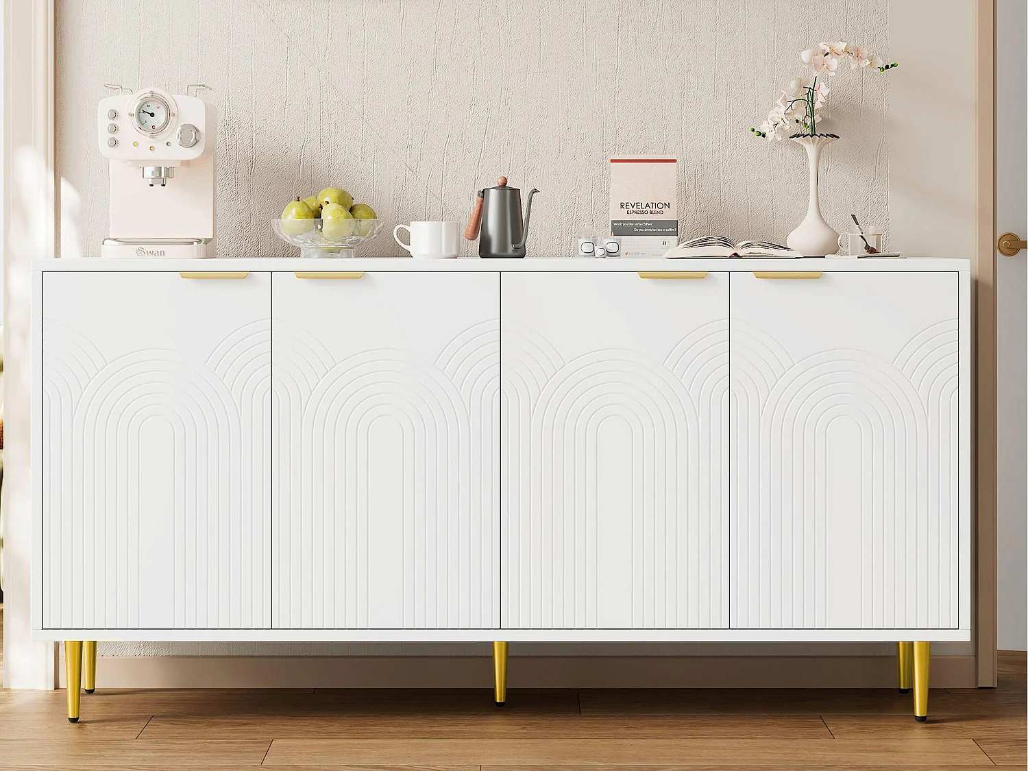 Buffet moderne 160x40x80cm - avec 4 portes - pieds en métal - panneau de particules - Blanc