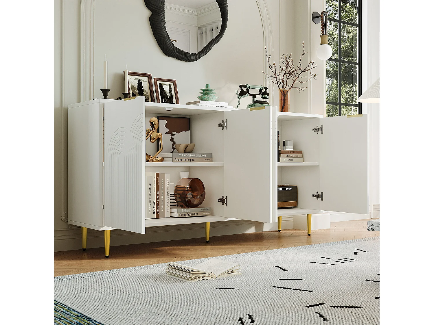 Buffet moderne 160x40x80cm - avec 4 portes - pieds en métal - panneau de particules - Blanc