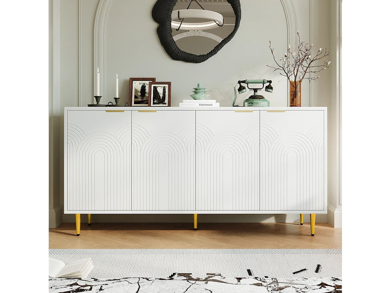 Buffet moderne 160x40x80cm - avec 4 portes - pieds en métal - panneau de particules - Blanc