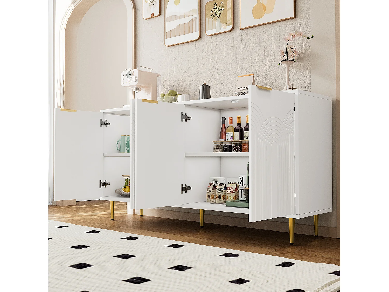 Buffet moderne 160x40x80cm - avec 4 portes - pieds en métal - panneau de particules - Blanc