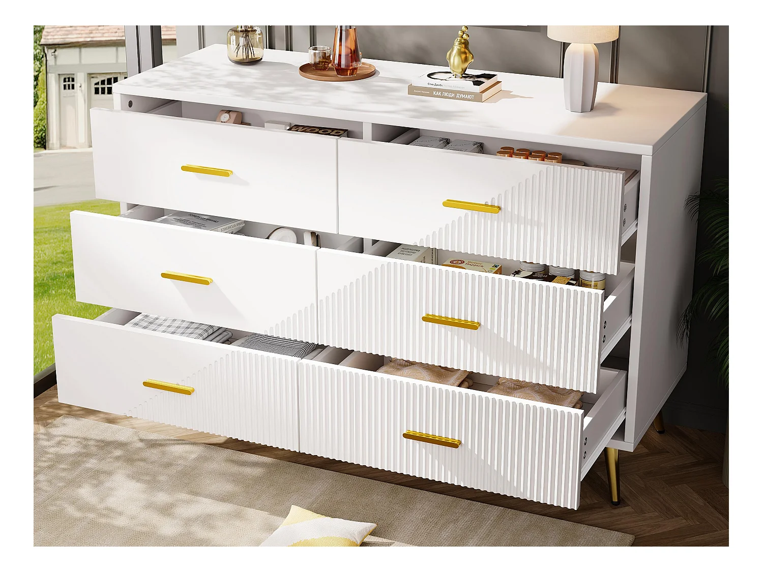 Buffet moderne 120x40x75 cm - avec 6 tiroirs - MDF - blanc