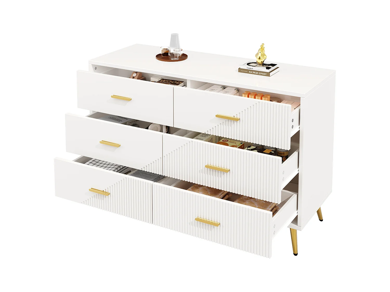 Buffet moderne 120x40x75 cm - avec 6 tiroirs - MDF - blanc