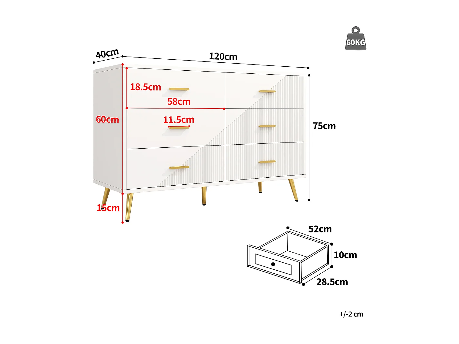 Moderner Sideboard 120x40x75 cm - mit 6 Schubladen - MDF - weiß