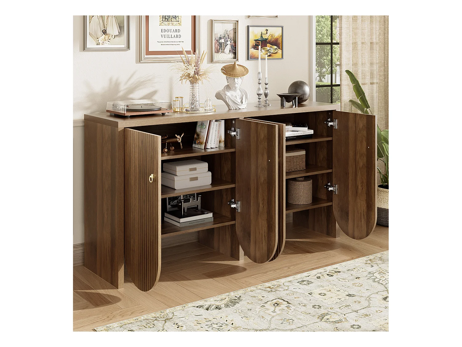 Buffet 147x40x80cm - avec 4 portes - étagères réglables - marron