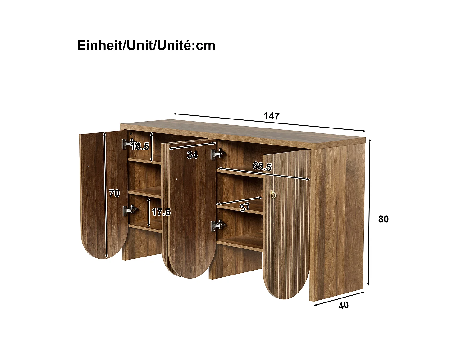 Buffet 147x40x80cm - avec 4 portes - étagères réglables - marron