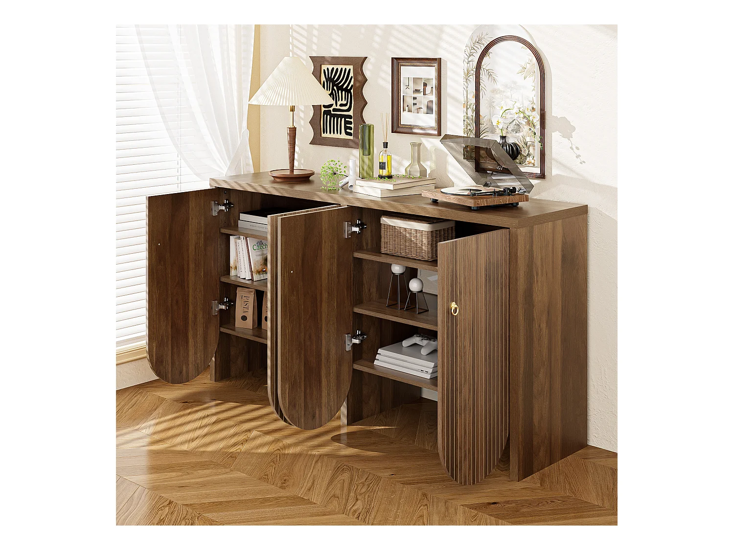 Buffet 147x40x80cm - avec 4 portes - étagères réglables - marron