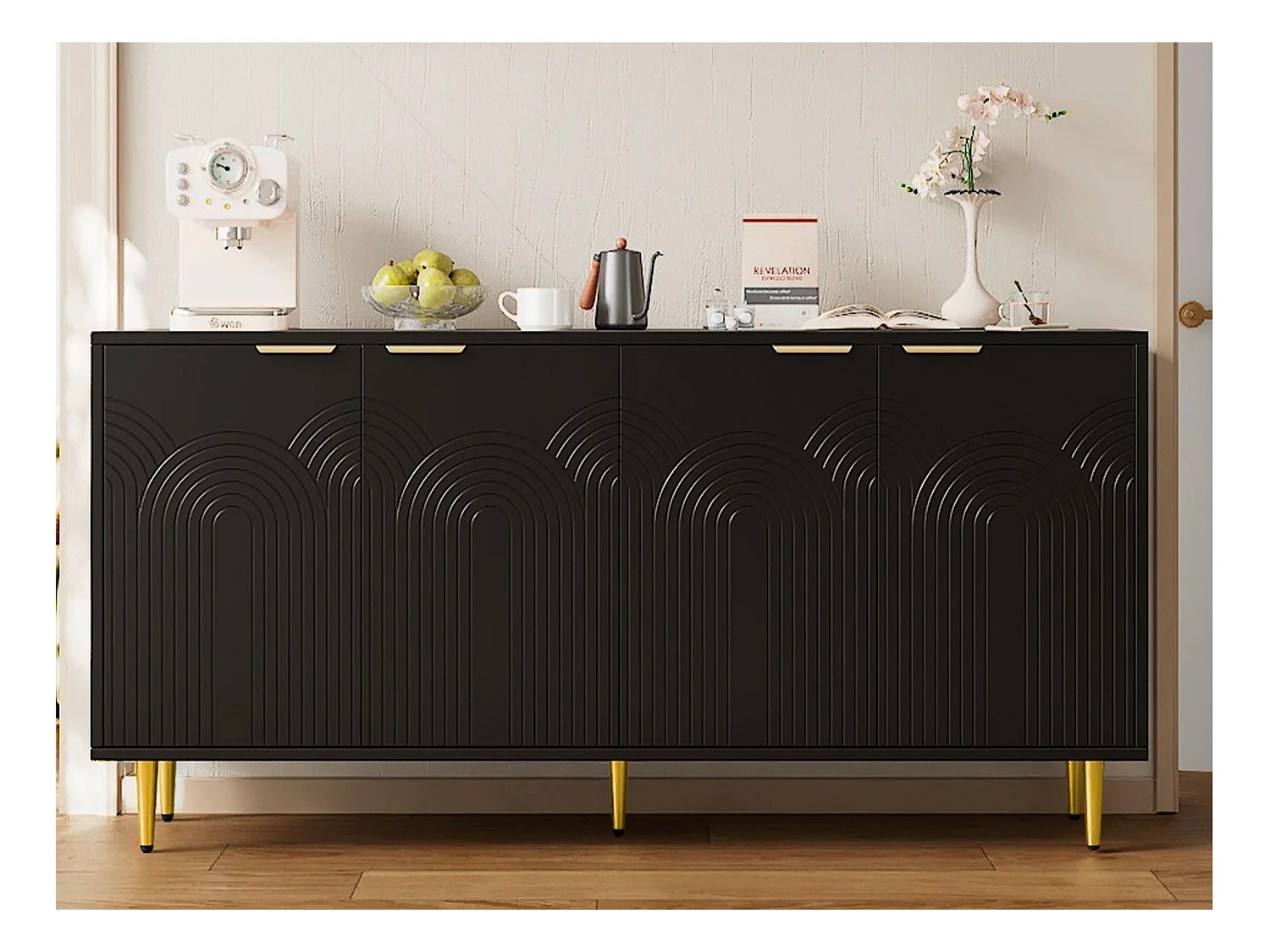 Buffet moderne 160x40x80cm - avec 4 portes - pieds en métal - panneau de particules - Noir
