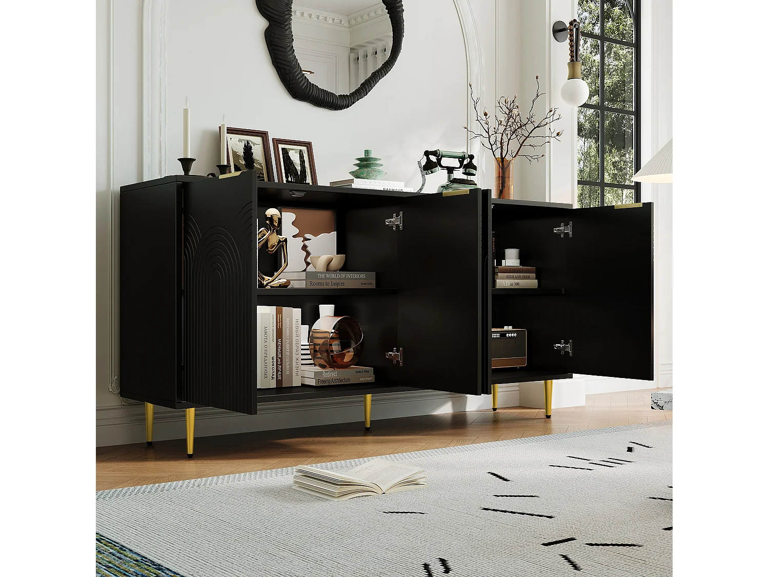 Buffet moderne 160x40x80cm - avec 4 portes - pieds en métal - panneau de particules - Noir
