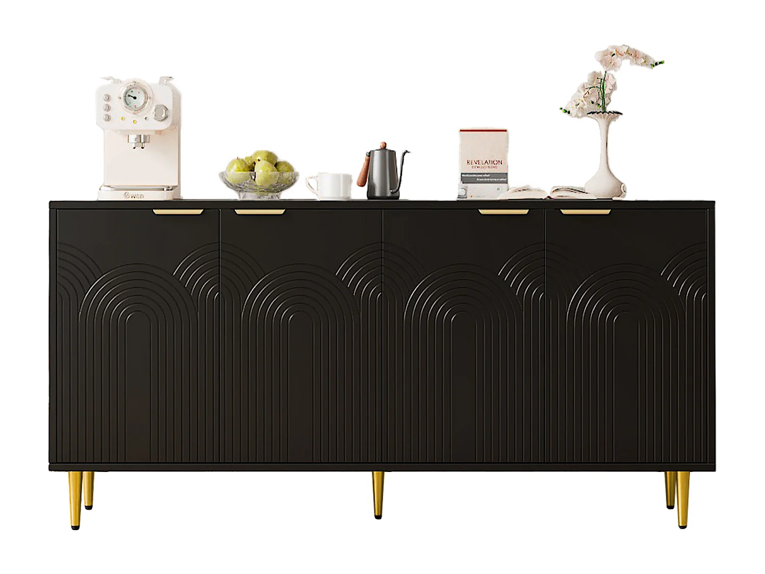 Buffet moderne 160x40x80cm - avec 4 portes - pieds en métal - panneau de particules - Noir