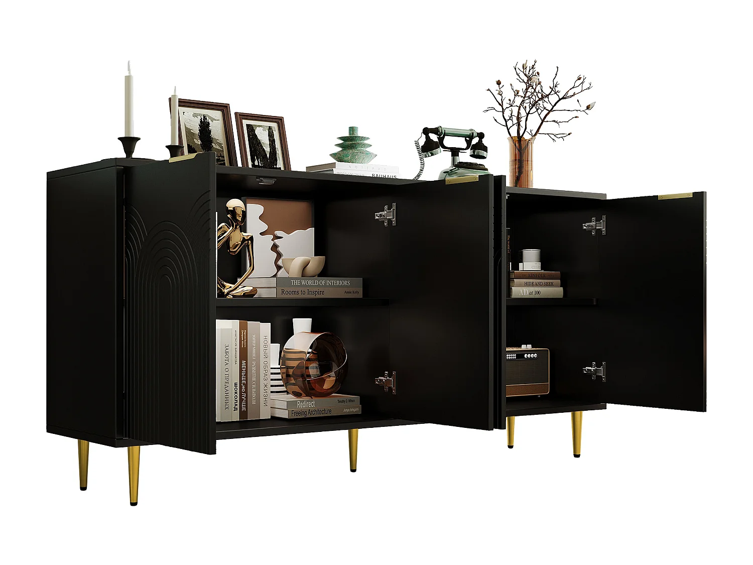 Buffet moderne 160x40x80cm - avec 4 portes - pieds en métal - panneau de particules - Noir