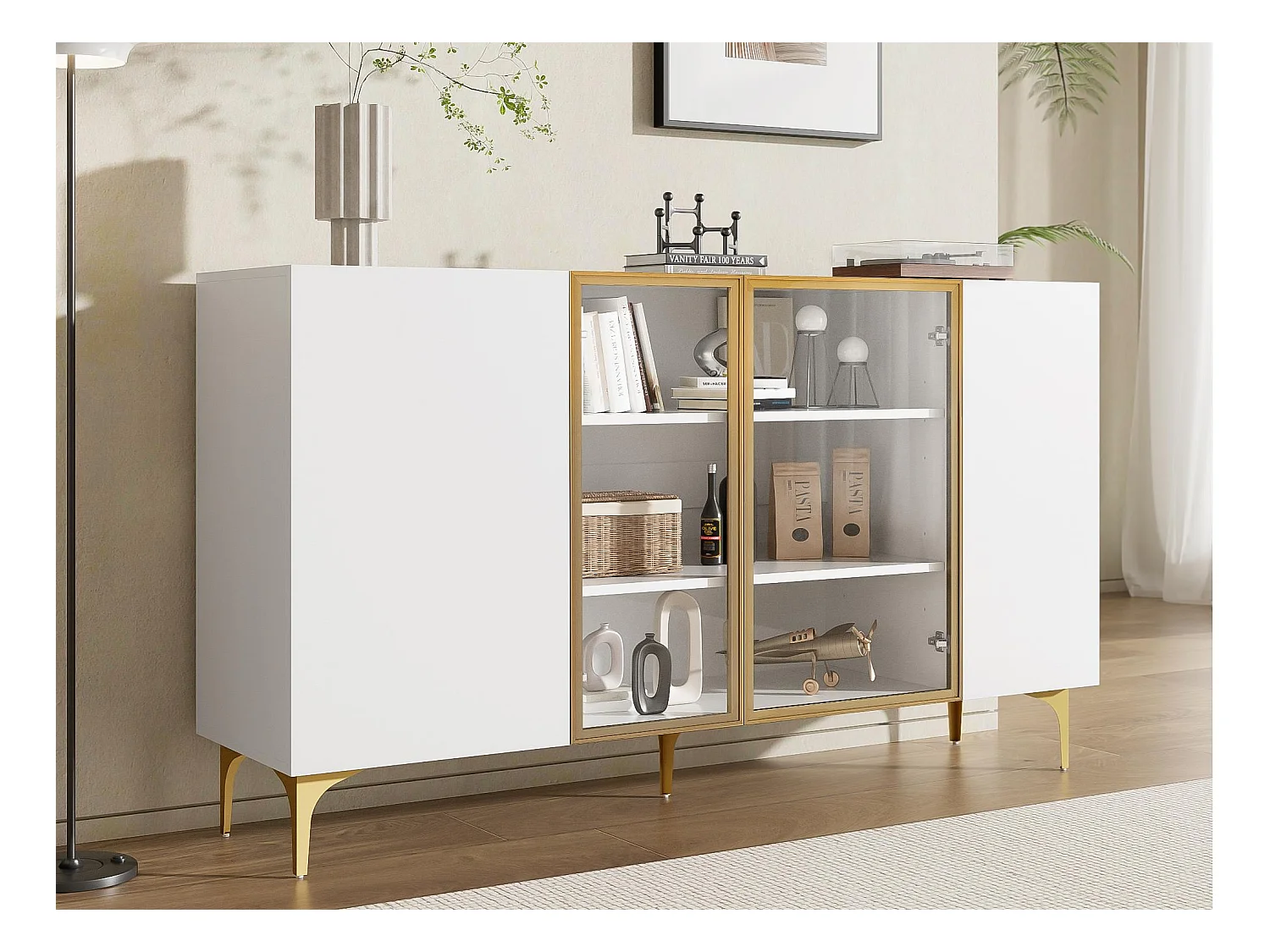 Buffet 150x38x85cm - avec 4 portes - MDF - blanc