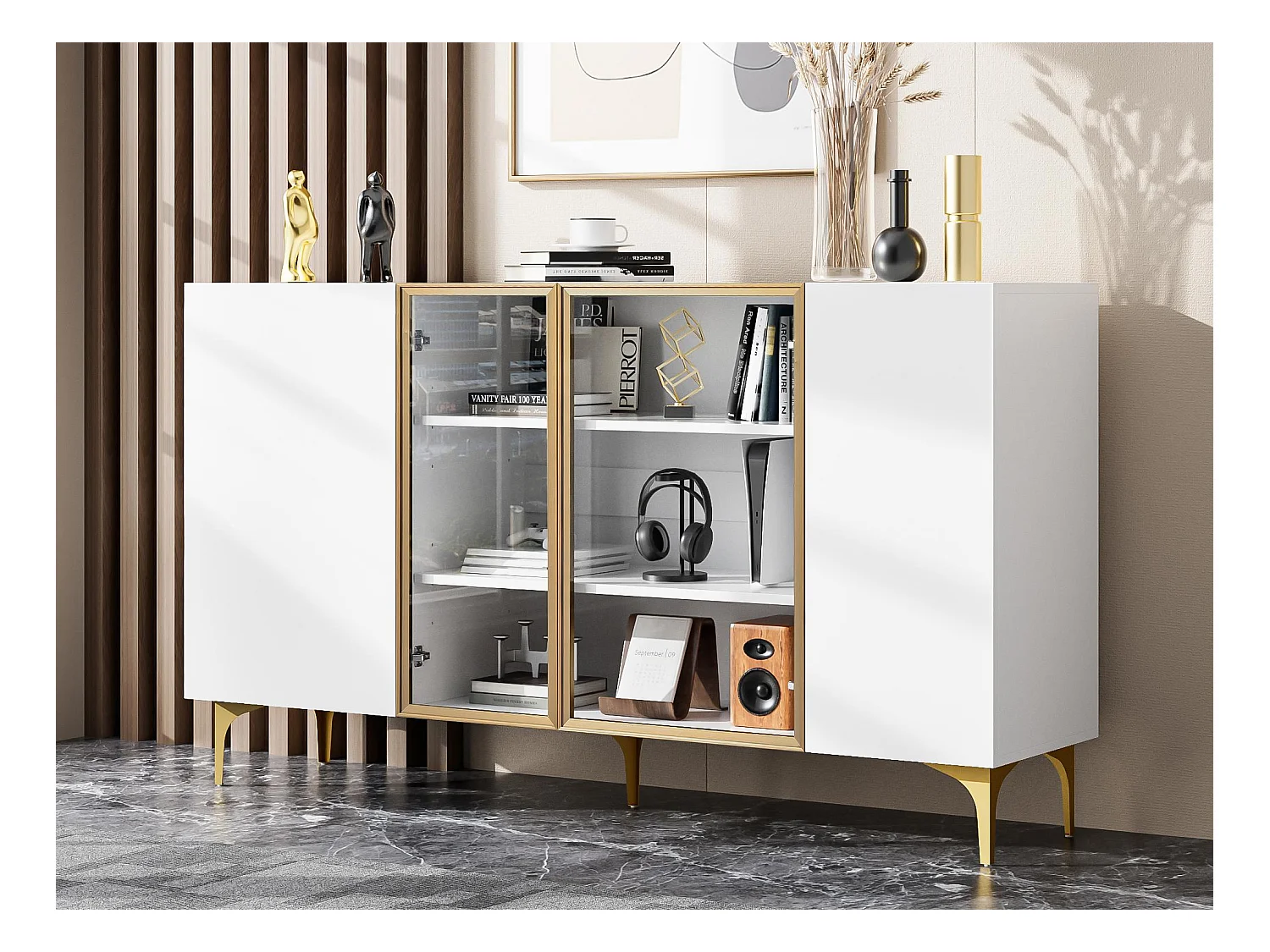 Buffet 150x38x85cm - avec 4 portes - MDF - blanc