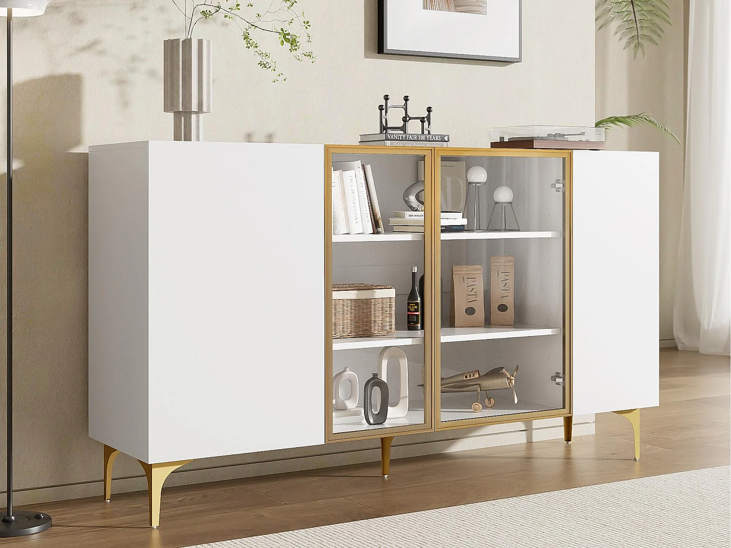Buffet 150x38x85cm - avec 4 portes - MDF - blanc