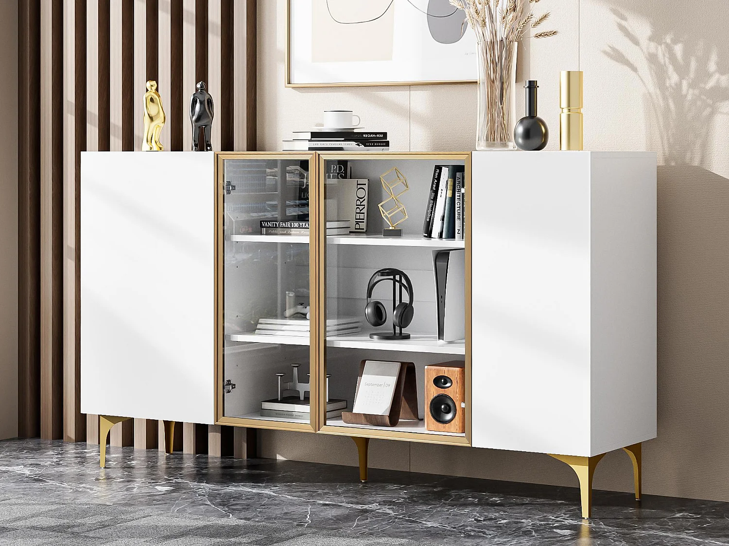 Buffet 150x38x85cm - avec 4 portes - MDF - blanc