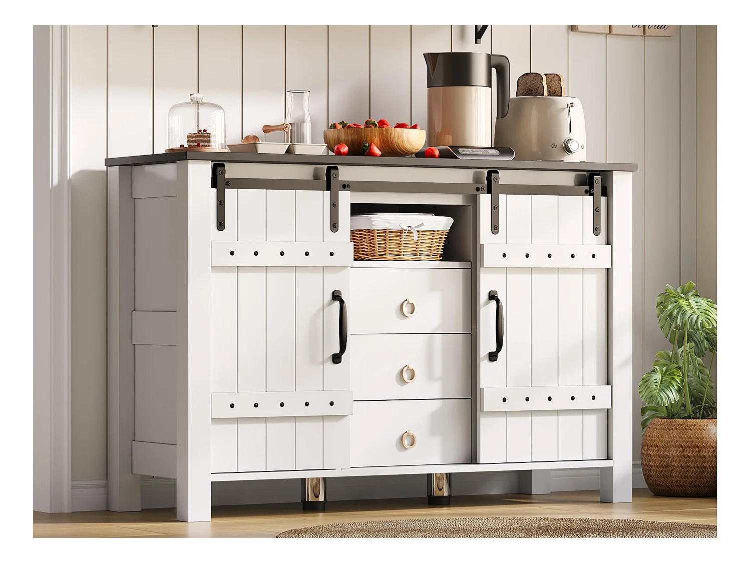 Buffet moderne 120x40x80cm - avec 2 portes coulissantes et 3 tiroirs - Blanc + Marron