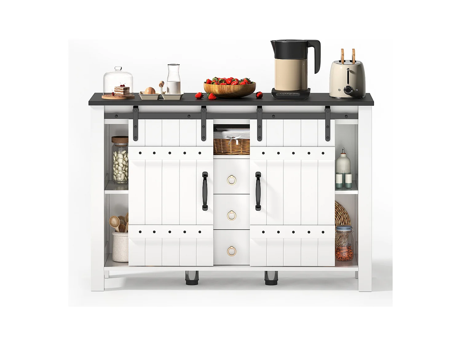 Buffet moderne 120x40x80cm - avec 2 portes coulissantes et 3 tiroirs - Blanc + Marron