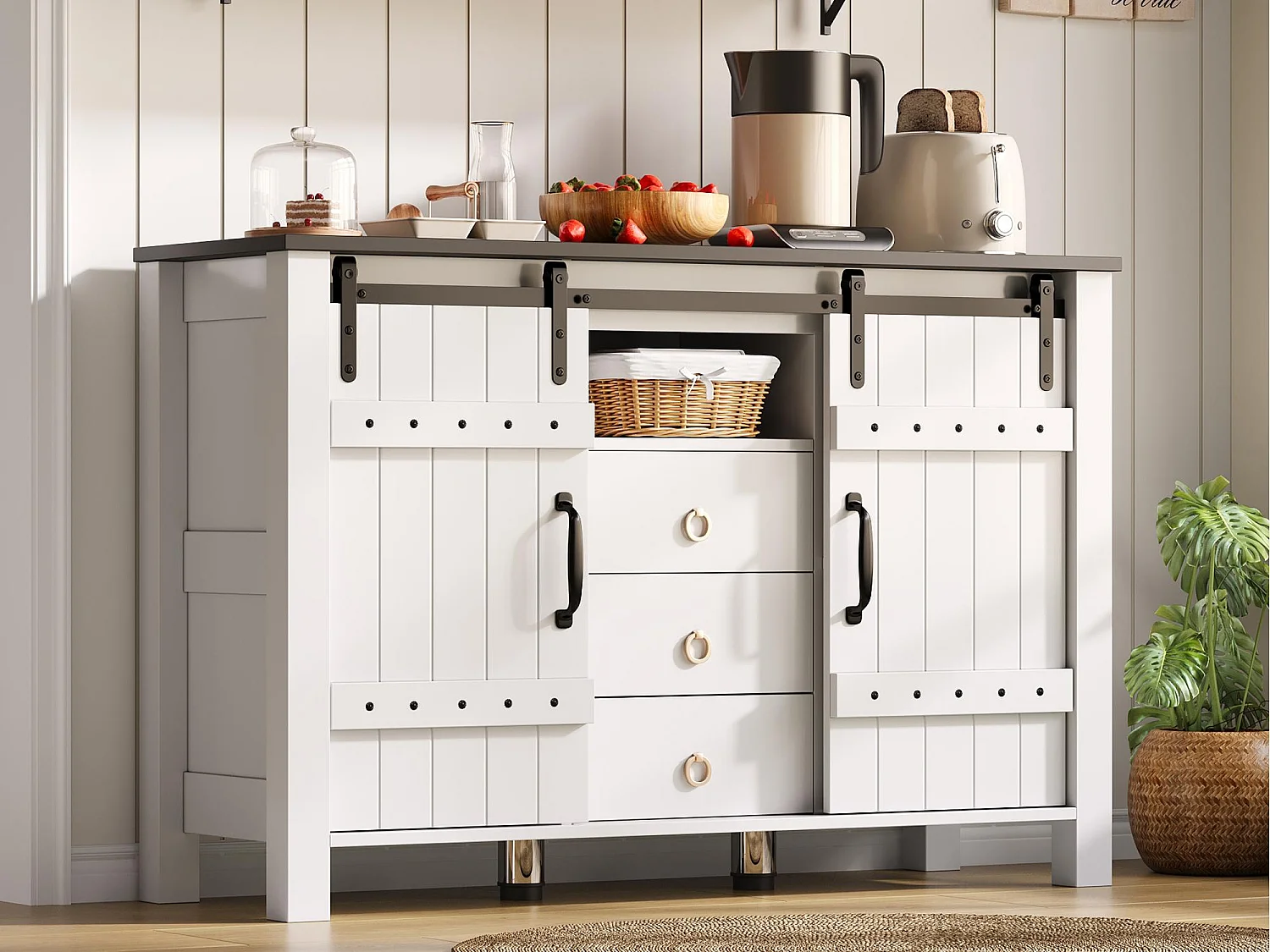 Buffet moderne 120x40x80cm - avec 2 portes coulissantes et 3 tiroirs - Blanc + Marron
