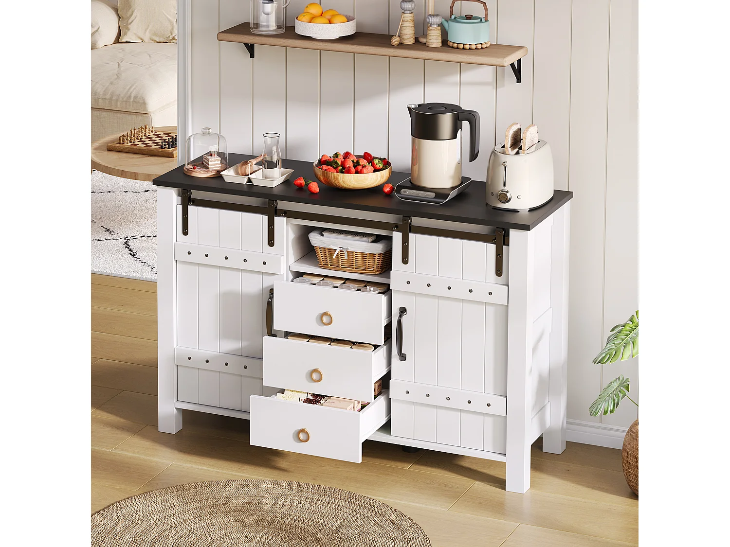 Buffet moderne 120x40x80cm - avec 2 portes coulissantes et 3 tiroirs - Blanc + Marron
