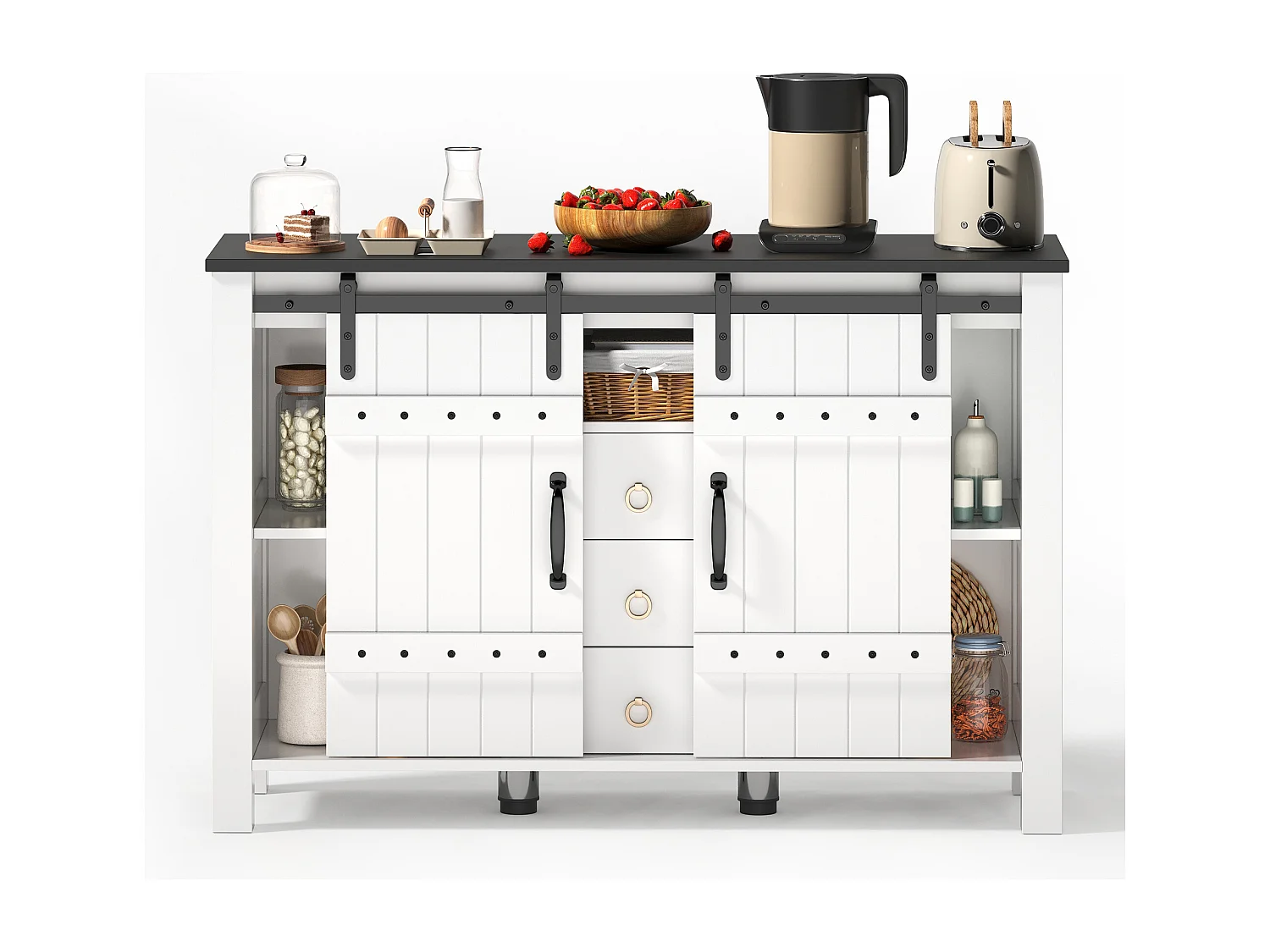 Buffet moderne 120x40x80cm - avec 2 portes coulissantes et 3 tiroirs - Blanc + Marron