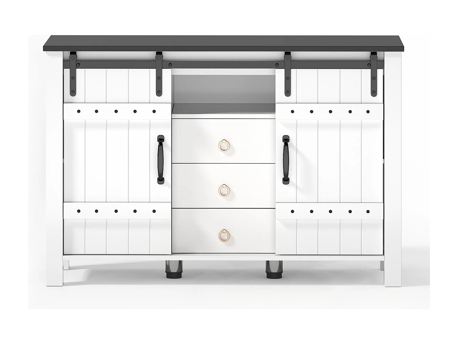 Buffet moderne 120x40x80cm - avec 2 portes coulissantes et 3 tiroirs - Blanc + Marron