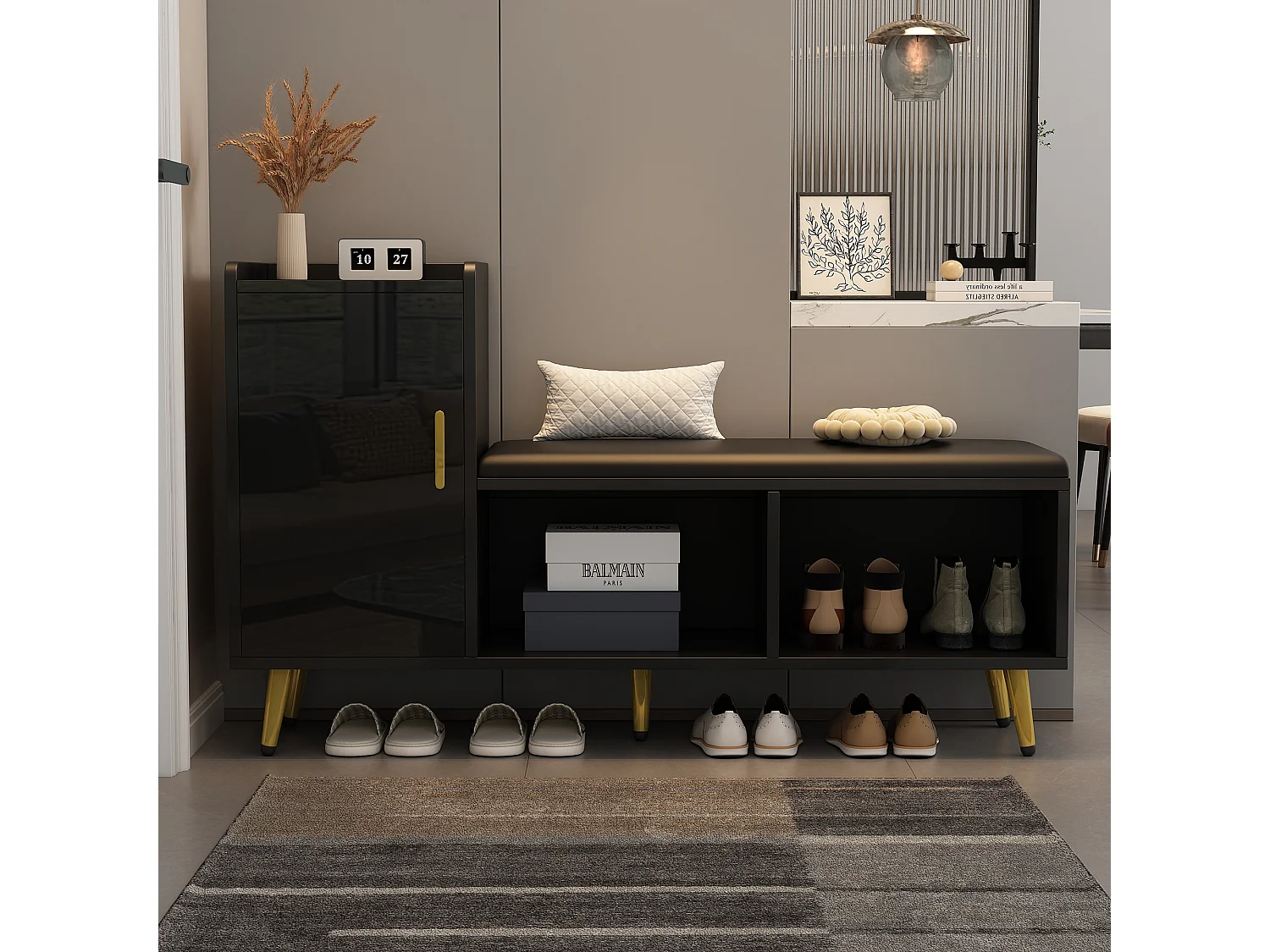 Meuble à chaussures - avec assise rembourrée - avec 1 porte - avec compartiments de rangement - Noir