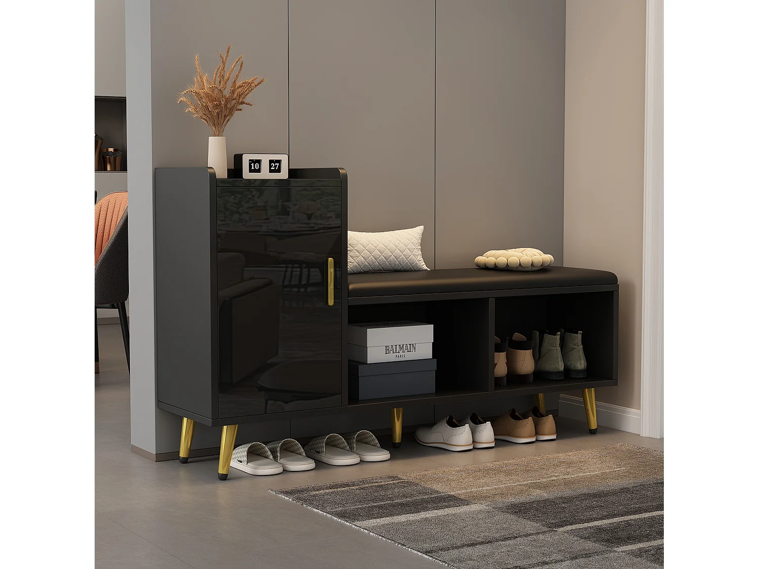 Meuble à chaussures - avec assise rembourrée - avec 1 porte - avec compartiments de rangement - Noir