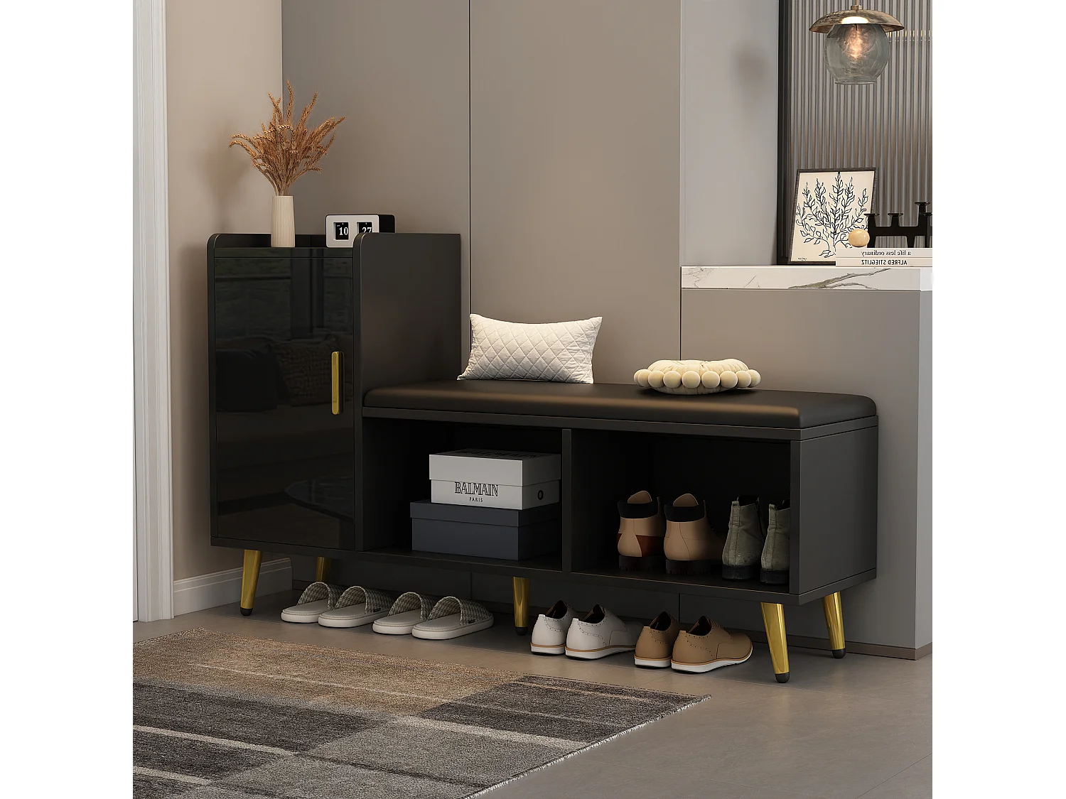 Meuble à chaussures - avec assise rembourrée - avec 1 porte - avec compartiments de rangement - Noir