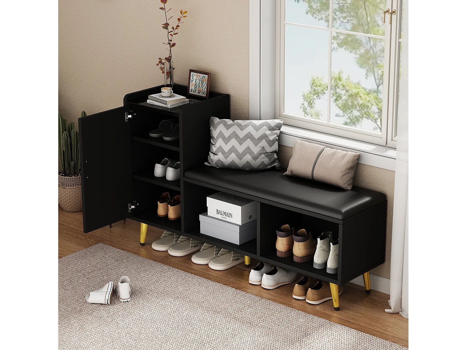 Meuble à chaussures - avec assise rembourrée - avec 1 porte - avec compartiments de rangement - Noir