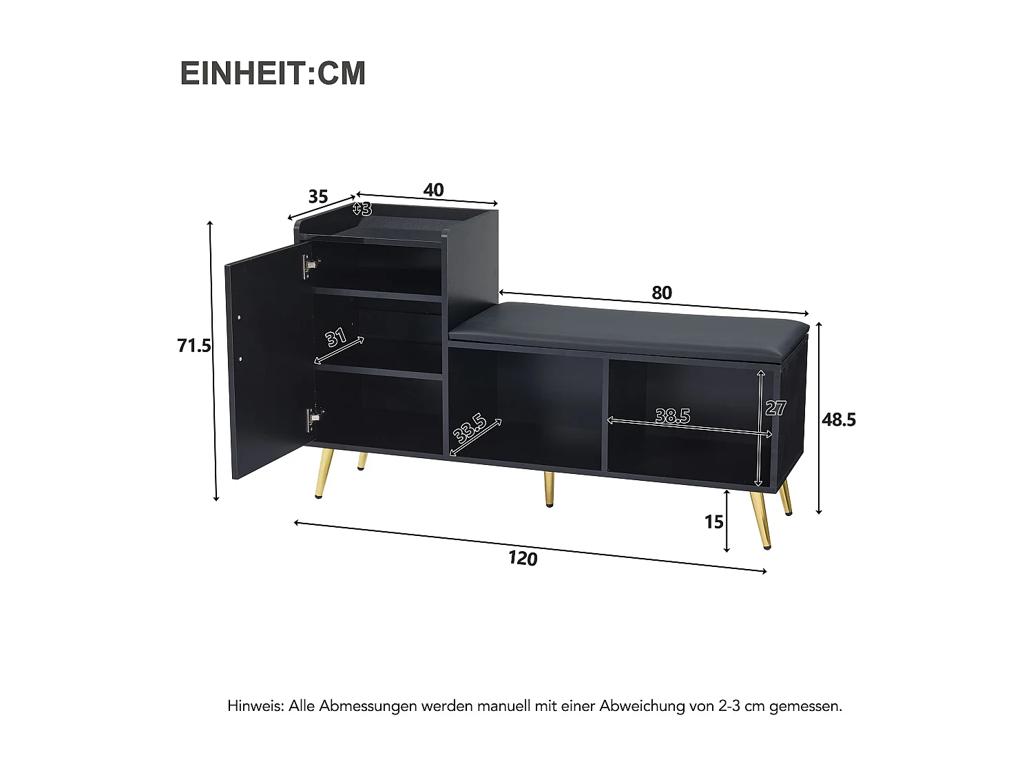 Meuble à chaussures - avec assise rembourrée - avec 1 porte - avec compartiments de rangement - Noir