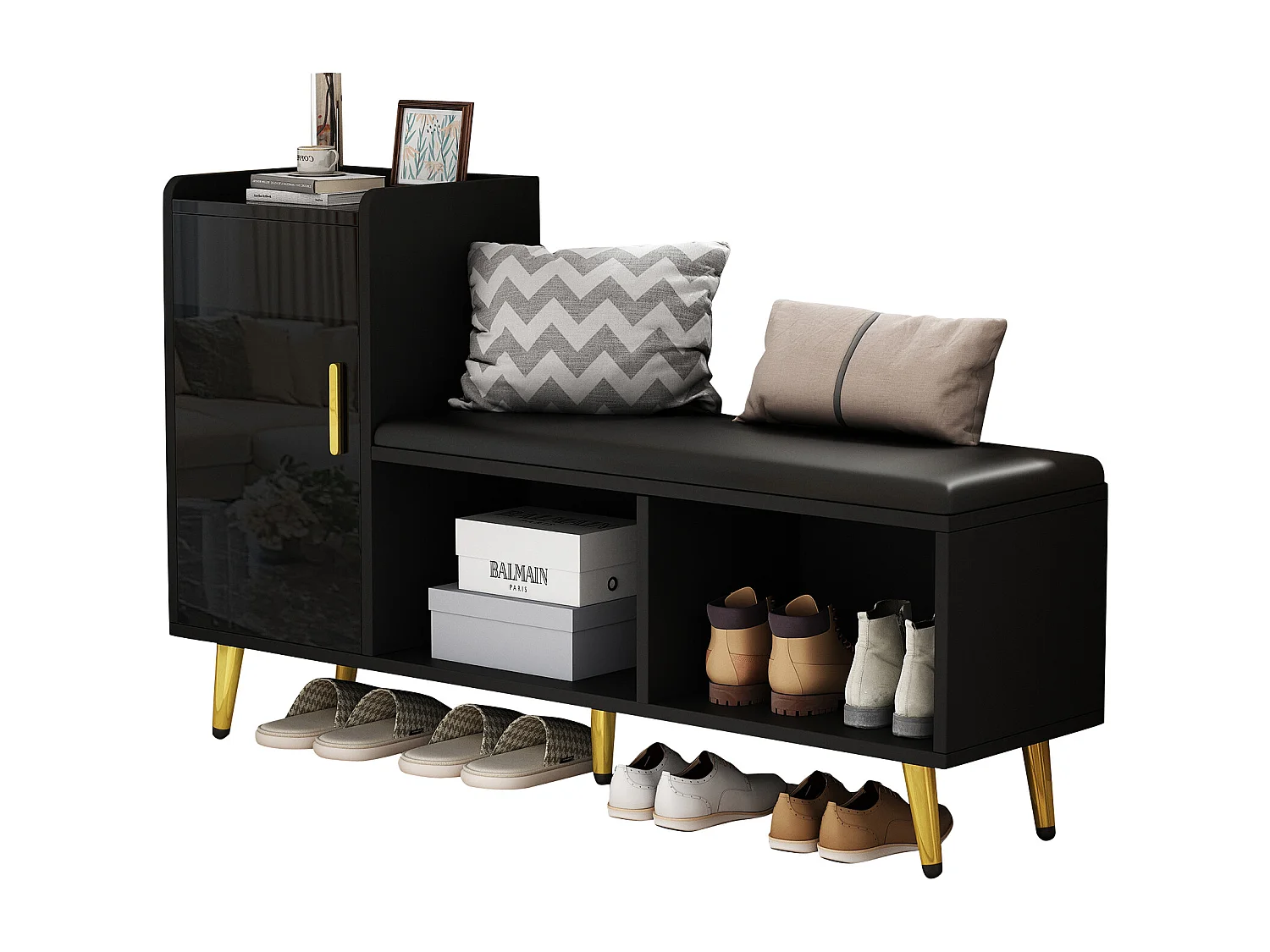 Meuble à chaussures - avec assise rembourrée - avec 1 porte - avec compartiments de rangement - Noir