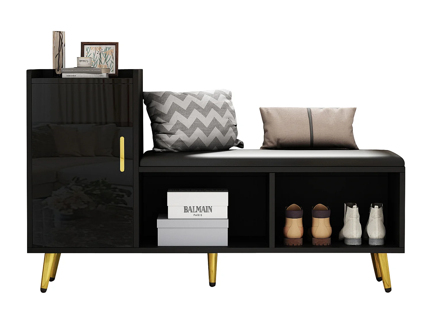 Meuble à chaussures - avec assise rembourrée - avec 1 porte - avec compartiments de rangement - Noir